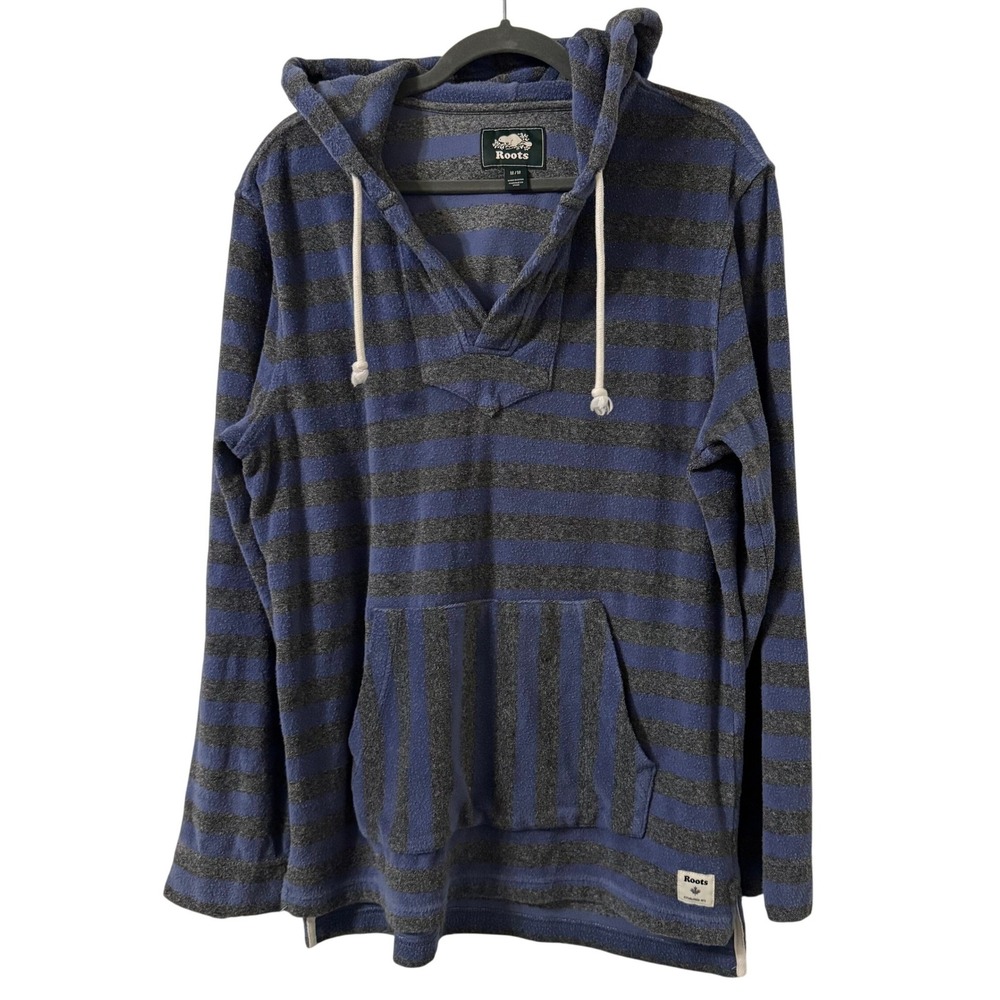 Roots Pullover Hoodie Mens‎ M Blue Grey Stripe Fleece Casual Outdoor